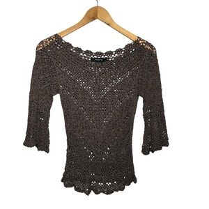 Arden B. Shiny Brown Lace Crochet Knit Top - Women’s Size XS